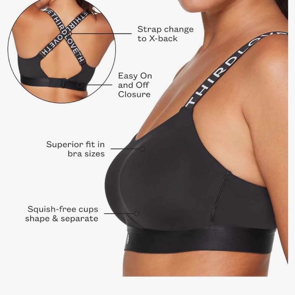 ThirdLove Black Bra Kinetic Adjustable Sports bra‎ high impact X 34F Athletic - Picture 3 of 6